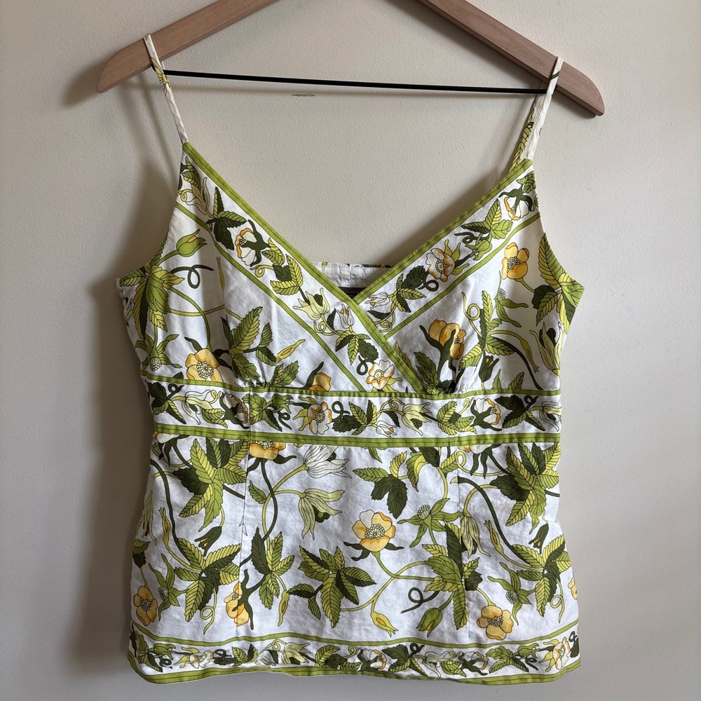 Ann Taylor Floral Cami Top Green Yellow Botanical V-Neck Empire Waist Size 12